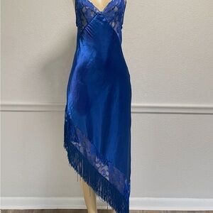 Vtg Mara Intimates Royal Blue Satin Slip Nightgown Size M Lace And Fringe Detail